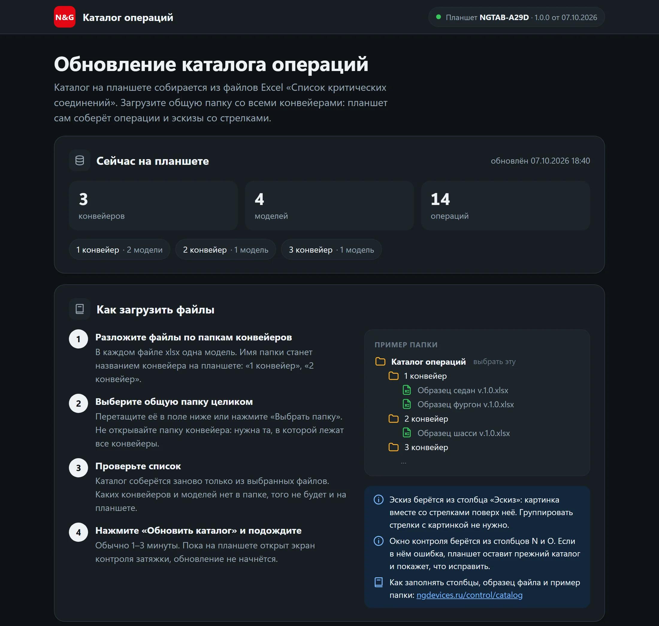 Страница планшета «Обновление каталога операций»: что сейчас на планшете и как загрузить файлы