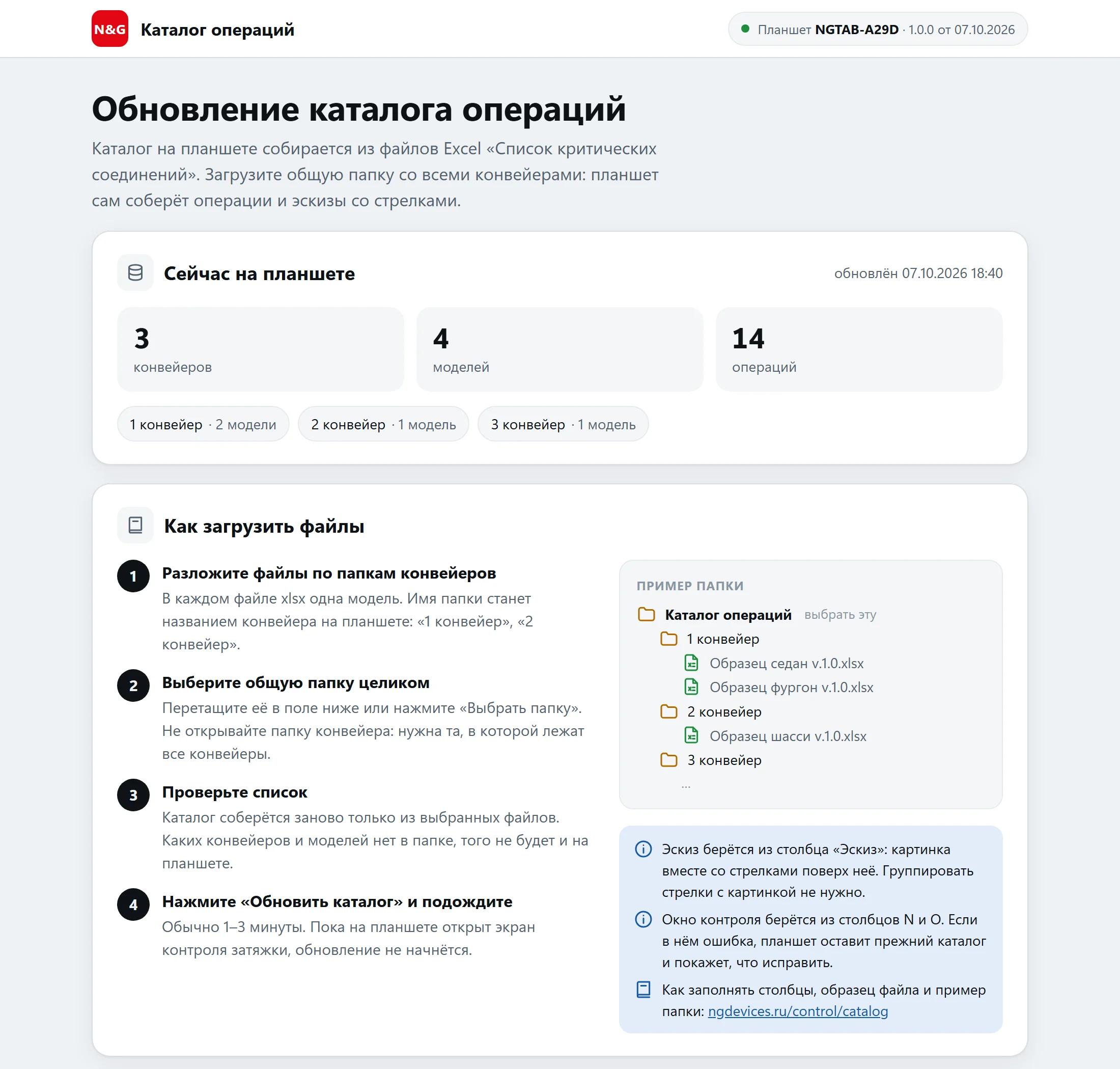 Страница планшета «Обновление каталога операций»: что сейчас на планшете и как загрузить файлы